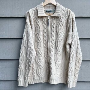 NWT Aran Crafts Irish Cable Knit Zip Up Sweater Cream Merino Wool Size Medium